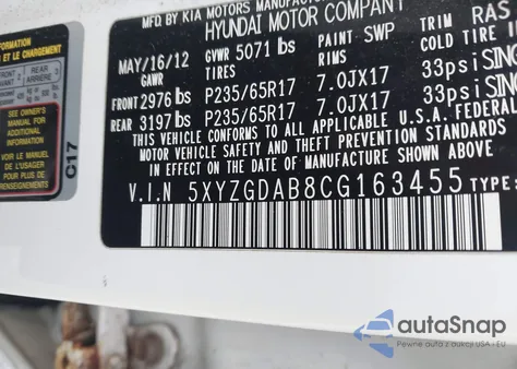 2012 Hyundai Santa Fe Gls z USA, uszkodzony, nr VIN 5XYZGDAB8CG163455